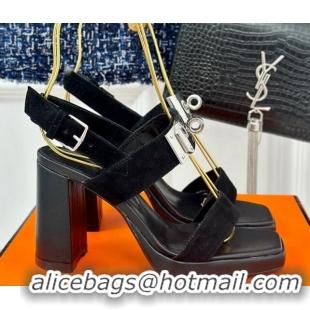 Good Looking Hermes Ilona High Heel Sandals 9.5cm with Kelly Buckle in Suede Black 606050