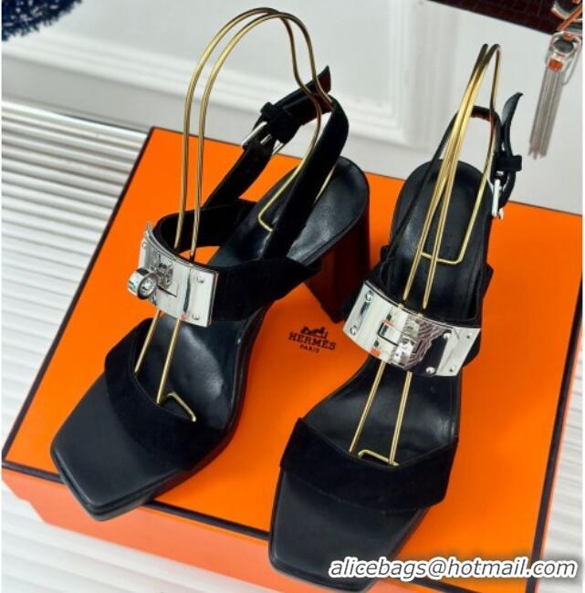 Good Looking Hermes Ilona High Heel Sandals 9.5cm with Kelly Buckle in Suede Black 606050