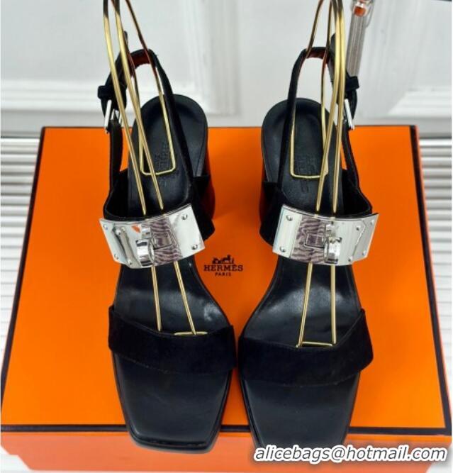 Good Looking Hermes Ilona High Heel Sandals 9.5cm with Kelly Buckle in Suede Black 606050