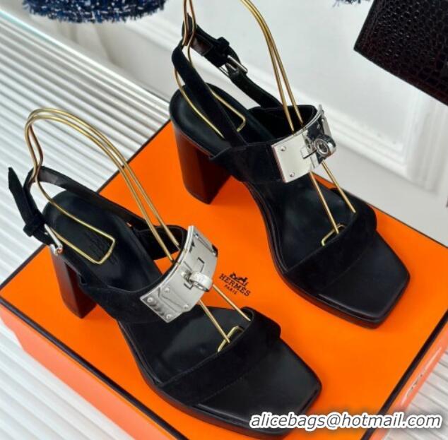 Good Looking Hermes Ilona High Heel Sandals 9.5cm with Kelly Buckle in Suede Black 606050