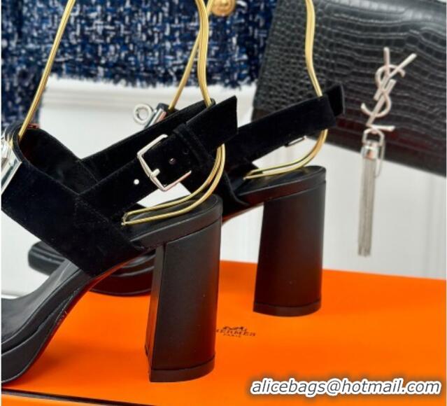 Good Looking Hermes Ilona High Heel Sandals 9.5cm with Kelly Buckle in Suede Black 606050