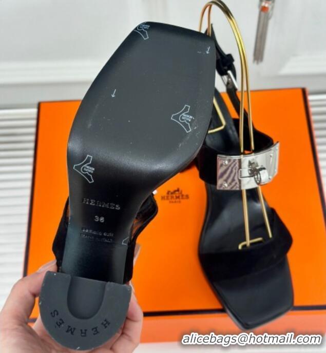 Good Looking Hermes Ilona High Heel Sandals 9.5cm with Kelly Buckle in Suede Black 606050