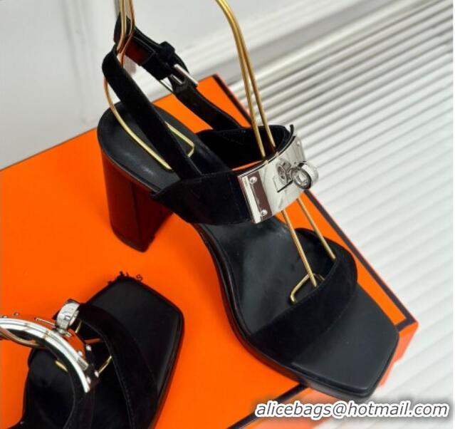 Good Looking Hermes Ilona High Heel Sandals 9.5cm with Kelly Buckle in Suede Black 606050