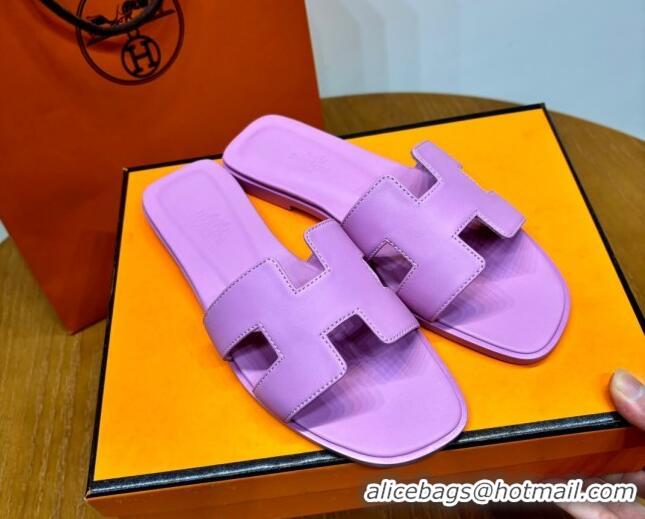 Best Product Hermes Oran Classic Swift Calfskin Flat Slide Sandals Light Purple 62601