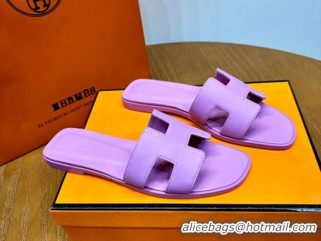 Best Product Hermes Oran Classic Swift Calfskin Flat Slide Sandals Light Purple 62601