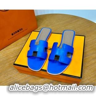 Most Popular Hermes Oran Classic Swift Calfskin Flat Slide Sandals Electric Blue 62602