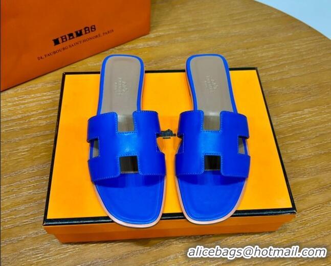 Most Popular Hermes Oran Classic Swift Calfskin Flat Slide Sandals Electric Blue 62602