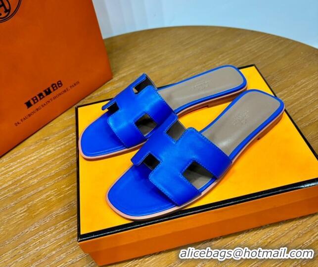 Most Popular Hermes Oran Classic Swift Calfskin Flat Slide Sandals Electric Blue 62602