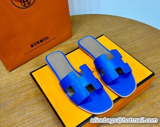 Most Popular Hermes Oran Classic Swift Calfskin Flat Slide Sandals Electric Blue 62602