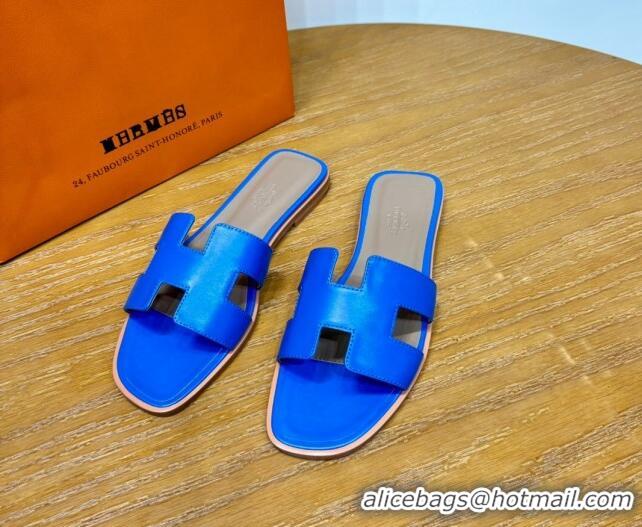 Most Popular Hermes Oran Classic Swift Calfskin Flat Slide Sandals Electric Blue 62602