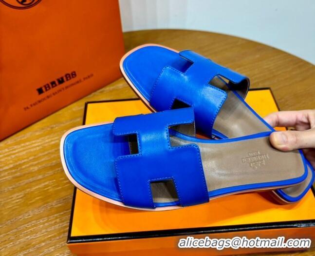 Most Popular Hermes Oran Classic Swift Calfskin Flat Slide Sandals Electric Blue 62602