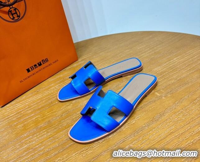 Most Popular Hermes Oran Classic Swift Calfskin Flat Slide Sandals Electric Blue 62602