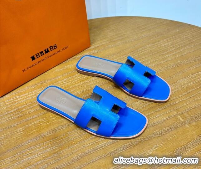 Most Popular Hermes Oran Classic Swift Calfskin Flat Slide Sandals Electric Blue 62602