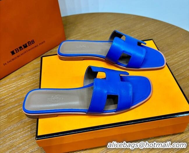 Most Popular Hermes Oran Classic Swift Calfskin Flat Slide Sandals Electric Blue 62602