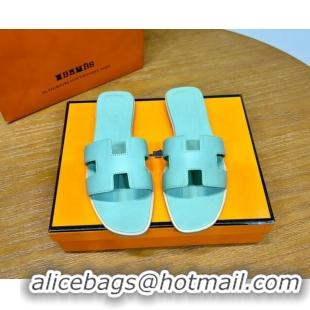 Good Product Hermes Oran Classic Swift Calfskin Flat Slide Sandals Light Blue 62603