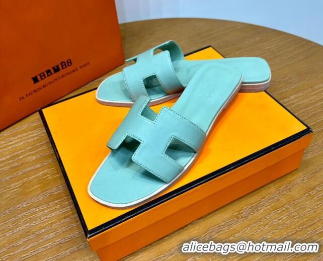 Good Product Hermes Oran Classic Swift Calfskin Flat Slide Sandals Light Blue 62603