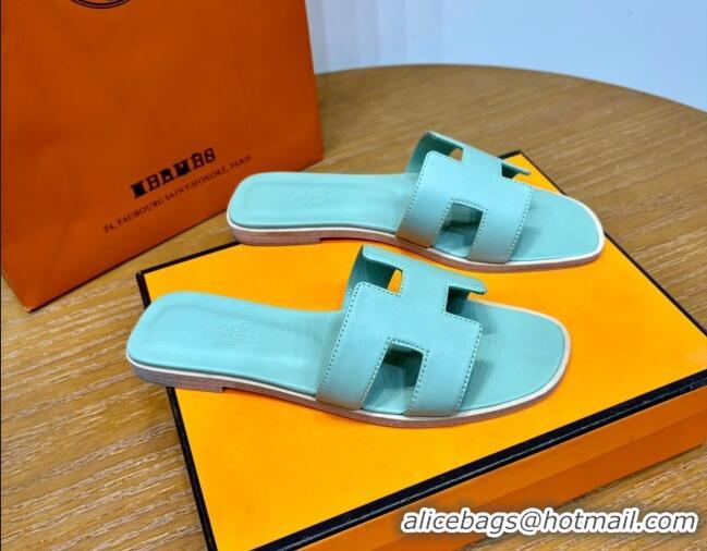 Good Product Hermes Oran Classic Swift Calfskin Flat Slide Sandals Light Blue 62603