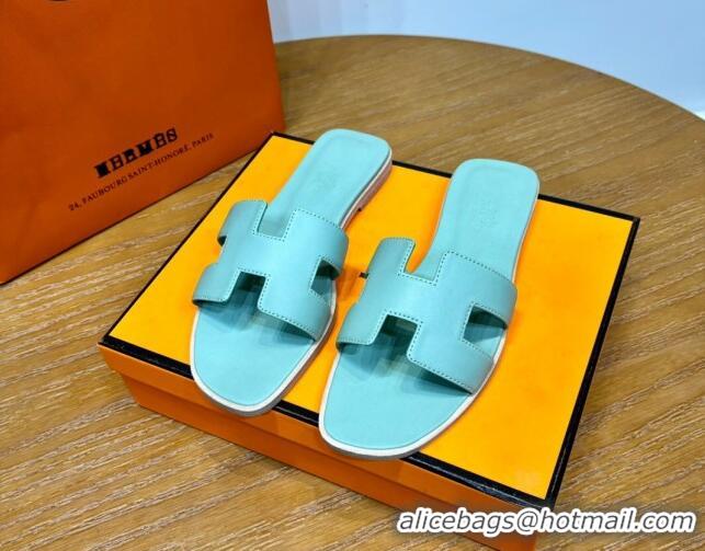 Good Product Hermes Oran Classic Swift Calfskin Flat Slide Sandals Light Blue 62603