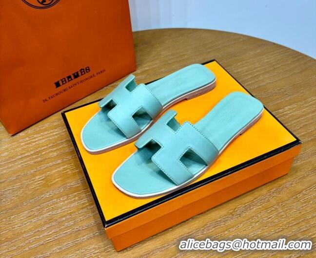 Good Product Hermes Oran Classic Swift Calfskin Flat Slide Sandals Light Blue 62603