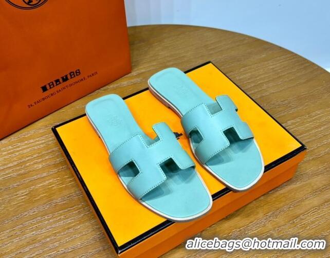 Good Product Hermes Oran Classic Swift Calfskin Flat Slide Sandals Light Blue 62603