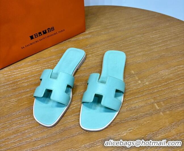 Good Product Hermes Oran Classic Swift Calfskin Flat Slide Sandals Light Blue 62603