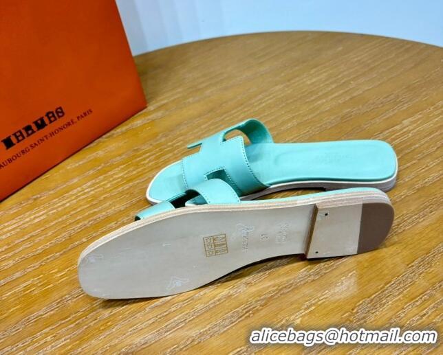 Good Product Hermes Oran Classic Swift Calfskin Flat Slide Sandals Light Blue 62603