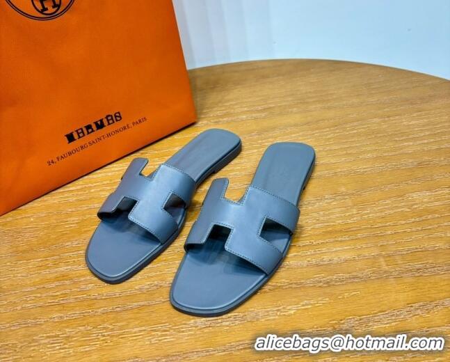 Cheap Price Hermes Oran Classic Swift Calfskin Flat Slide Sandals Grey 62606