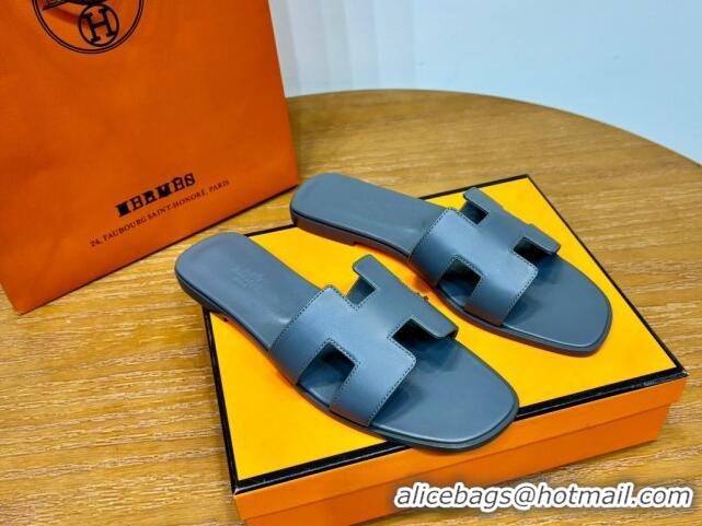 Cheap Price Hermes Oran Classic Swift Calfskin Flat Slide Sandals Grey 62606