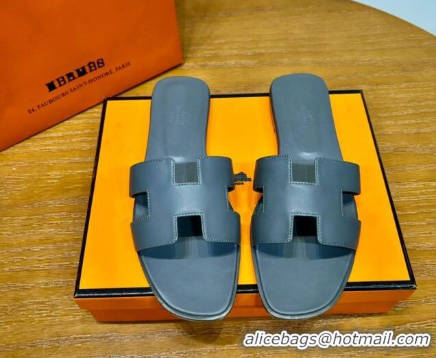 Cheap Price Hermes Oran Classic Swift Calfskin Flat Slide Sandals Grey 62606