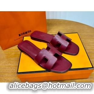 Charming Hermes Oran Classic Swift Calfskin Flat Slide Sandals Burgundy 062604