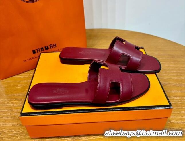 Charming Hermes Oran Classic Swift Calfskin Flat Slide Sandals Burgundy 062604