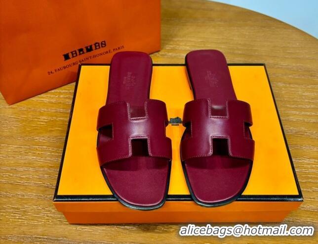 Charming Hermes Oran Classic Swift Calfskin Flat Slide Sandals Burgundy 062604