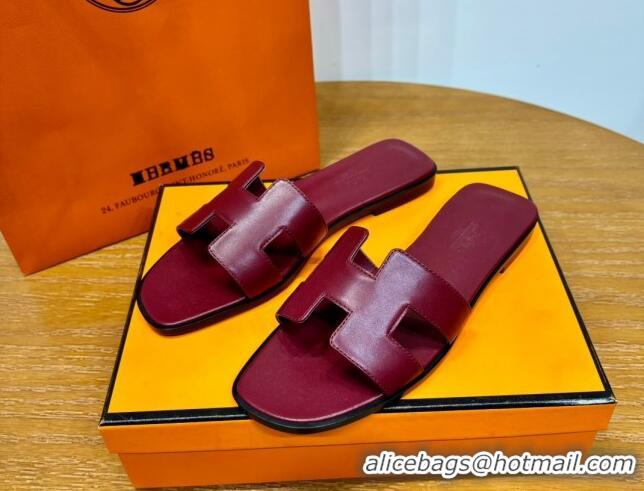 Charming Hermes Oran Classic Swift Calfskin Flat Slide Sandals Burgundy 062604