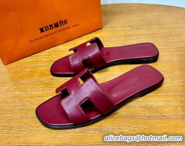 Charming Hermes Oran Classic Swift Calfskin Flat Slide Sandals Burgundy 062604