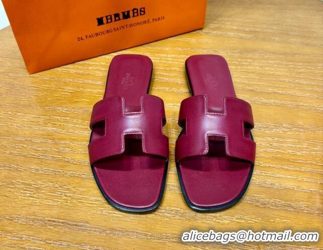 Charming Hermes Oran Classic Swift Calfskin Flat Slide Sandals Burgundy 062604