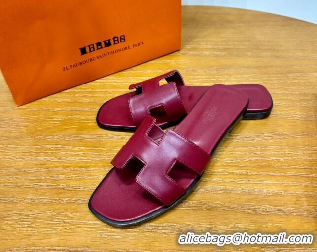 Charming Hermes Oran Classic Swift Calfskin Flat Slide Sandals Burgundy 062604