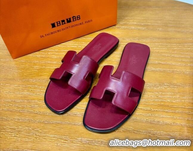 Charming Hermes Oran Classic Swift Calfskin Flat Slide Sandals Burgundy 062604