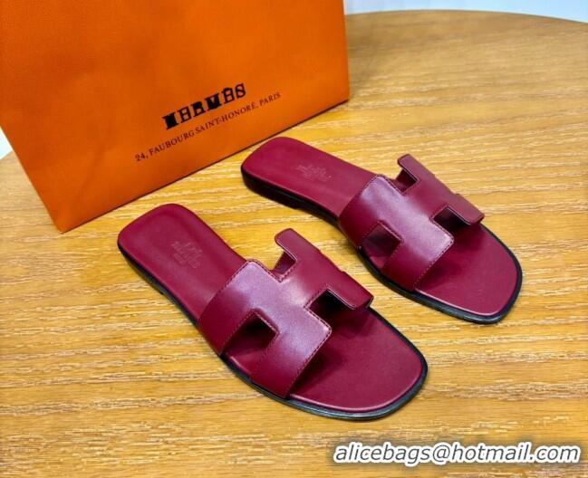 Charming Hermes Oran Classic Swift Calfskin Flat Slide Sandals Burgundy 062604