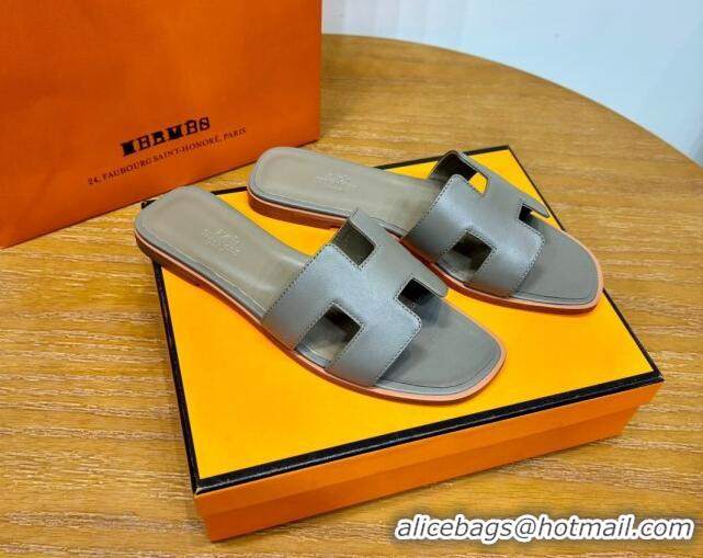 Good Quality Hermes Oran Classic Swift Calfskin Flat Slide Sandals Etoupe 62607