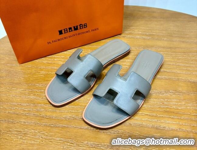 Good Quality Hermes Oran Classic Swift Calfskin Flat Slide Sandals Etoupe 62607