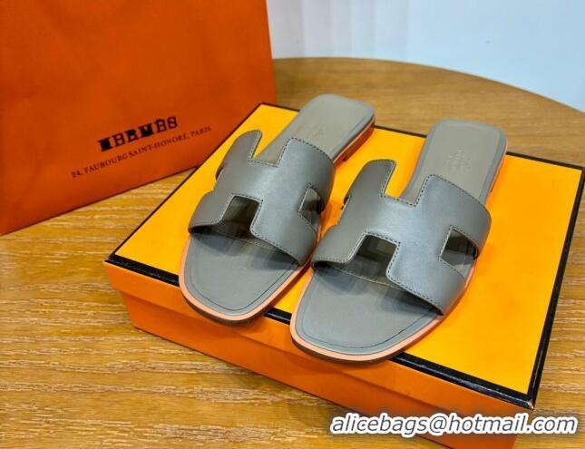 Good Quality Hermes Oran Classic Swift Calfskin Flat Slide Sandals Etoupe 62607