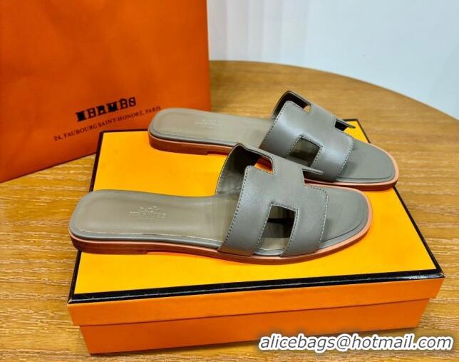 Good Quality Hermes Oran Classic Swift Calfskin Flat Slide Sandals Etoupe 62607