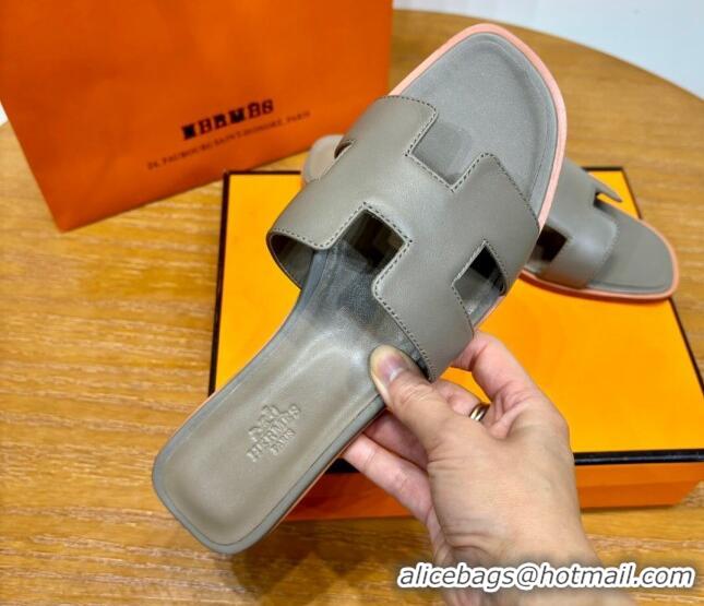 Good Quality Hermes Oran Classic Swift Calfskin Flat Slide Sandals Etoupe 62607