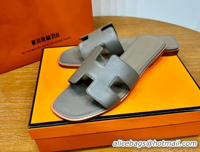 Good Quality Hermes Oran Classic Swift Calfskin Flat Slide Sandals Etoupe 62607