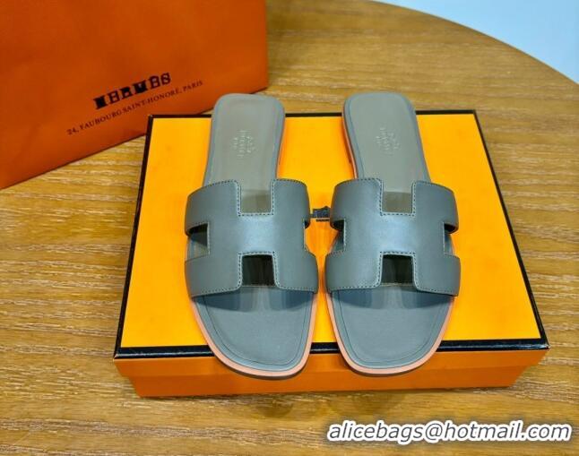 Good Quality Hermes Oran Classic Swift Calfskin Flat Slide Sandals Etoupe 62607