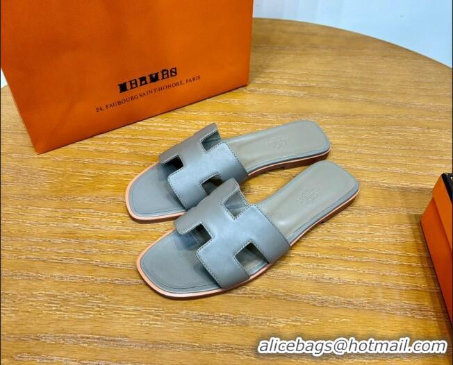 Good Quality Hermes Oran Classic Swift Calfskin Flat Slide Sandals Etoupe 62607