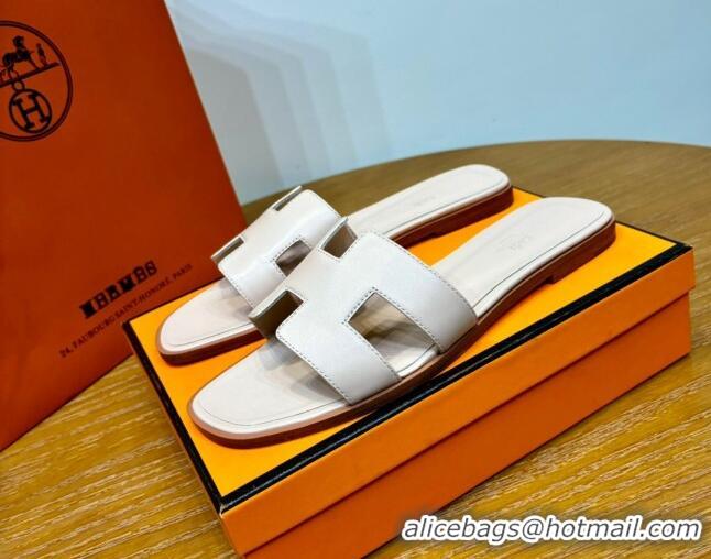 Popular Style Hermes Oran Classic Swift Calfskin Flat Slide Sandals Off-white 62608