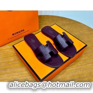 Charming Hermes Oran Classic Swift Calfskin Flat Slide Sandals Purple 062609