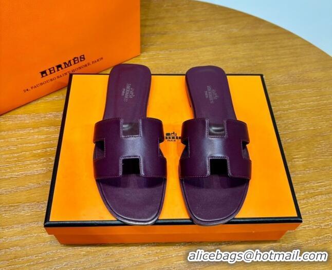 Charming Hermes Oran Classic Swift Calfskin Flat Slide Sandals Purple 062609