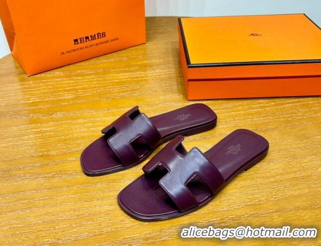 Charming Hermes Oran Classic Swift Calfskin Flat Slide Sandals Purple 062609